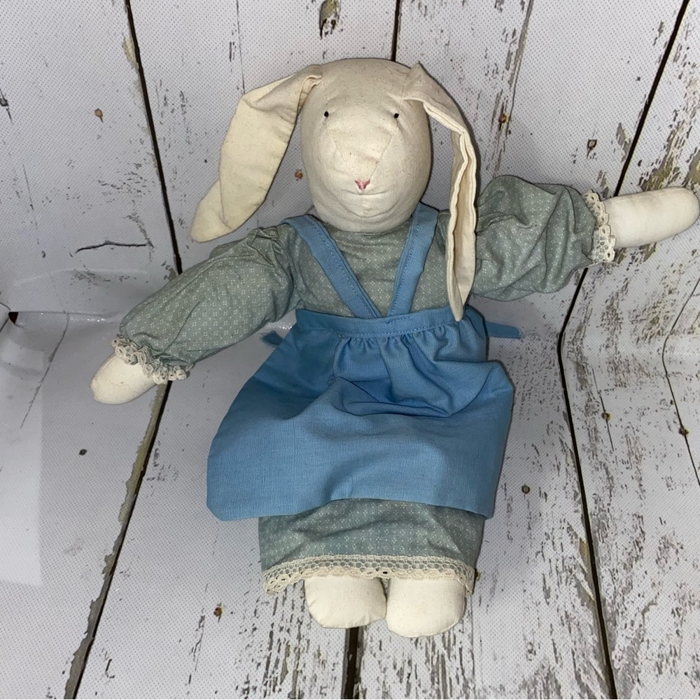Vtg Easter Bunny Rabbit Floral Handmade Plush Lace Stuffed Animal Blue Pinafore